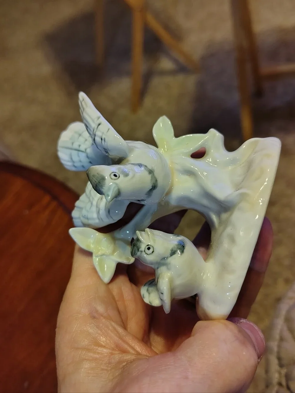Vintage Japan Blue Jay And Baby Ceramic Bird Figurine in Pale Green -
